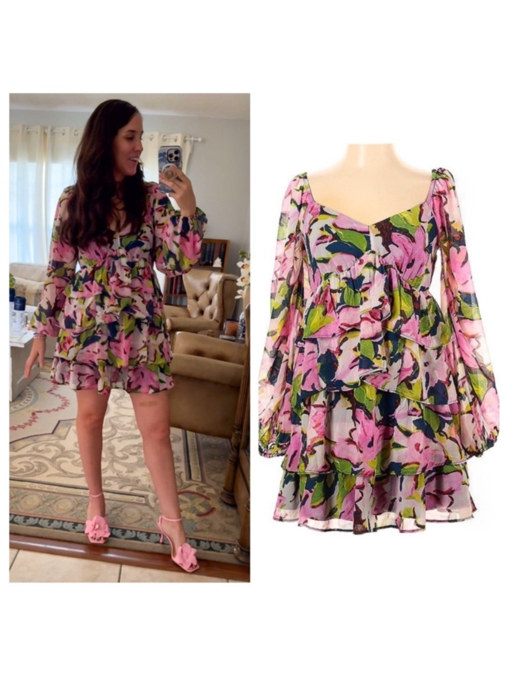 Abercrombie & Fitch Floral Print Tiered Mini Dress Long Sleeve Size XL Tall NWT - Picture 3 of 15